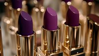 Purple matte lipsticks in luxurious gold metallic cases arranged in row with soft bokeh lights background, closeup macro shot showing cosmetic texture detail.