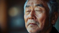 Elderly Asian man with closed eyes and peaceful expression, gray hair and wrinkles showing wisdom and life experience in atmospheric lighting and soft focus.