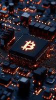 Glowing bitcoin symbol on computer processor chip with orange light effects on dark circuit board background, representing cryptocurrency mining technology.