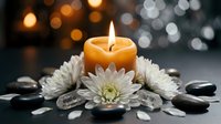 Burning orange candle surrounded by white chrysanthemum flowers and smooth black stones creating peaceful spa atmosphere with soft bokeh lights background.