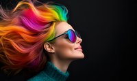 Woman with vibrant rainbow hair flowing dramatically against black background, wearing reflective sunglasses and teal turtleneck sweater.