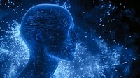 Glowing blue profile silhouette with digital particles and neural connections against dark background represents artificial intelligence and future technology concepts.
