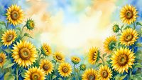 Watercolor sunflower field frame with bright yellow blooms and green stems creating decorative border on soft blue sky background for summer designs.