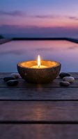 Stone candle bowl with burning flame surrounded by smooth pebbles on wooden deck at twilight with pool and purple sky background for spa relaxation.