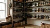 Traditional pantry corner with wooden shelves displaying rows of glass jars filled with preserved foods and spices, wicker baskets below for rustic kitchen storage.