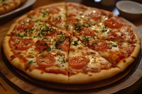Fresh Margherita pizza with melted mozzarella, sliced tomatoes and chopped herbs on golden crust, served on wooden board in warm lighting. Restaurant menu photo.