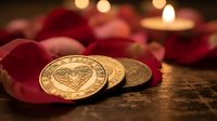 Close-up of golden coins with heart emblem arranged on stone surface, surrounded by red rose petals and glowing candles for romantic gift or Valentine's Day celebration.