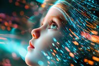 Young Caucasian woman with glowing skin gazing upward amid swirling neon lights and bokeh effects, profile view showing ethereal beauty in futuristic atmosphere.