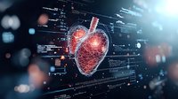Digital heart model with glowing red wireframe structure floating in dark space surrounded by medical data streams and futuristic interface elements.