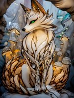 Mystical white fox creature with glowing green eyes and ornate golden patterns sits among luminous mushrooms in enchanted forest setting. Fantasy art composition.
