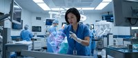 Young Asian female surgeon in scrubs interacts with a glowing holographic brain in a modern operating room, showcasing futuristic medical technology.