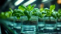 Fresh basil plant growing in glass jar with water and nutrients, selective focus on foreground leaves against blurred background showing hydroponic cultivation method.