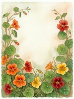 Watercolor nasturtium floral border frame with orange, red and yellow blooms and green leaves on cream background with copy space.