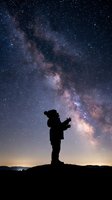 Silhouette of person standing under spectacular Milky Way galaxy with countless stars in dark night sky for astronomy and space exploration concepts.