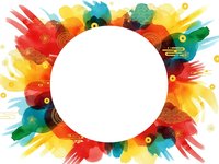 Vibrant colorful paint splashes and brush strokes forming circular frame with white center space for text or design elements on transparent background.