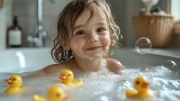 Cheerful child enjoying bubble bath time with yellow rubber ducks, surrounded by soap bubbles and foam. Natural lighting creates warm, cozy bathroom atmosphere.