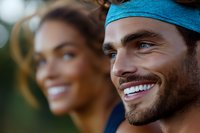 Happy athletic couple smiling after outdoor workout session. Fitness enthusiasts enjoying healthy lifestyle together in natural setting.