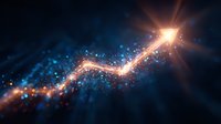 Glowing golden arrow chart rising upward with sparkles and light effects on dark blue background, representing financial growth and success in business.