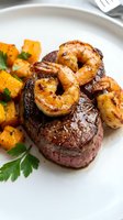Surf and turf surf and turf dinner plate with seared steak topped with garlic butter shrimp, roasted potatoes, and fresh parsley garnish.