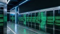 Rows of server racks with glowing green lights in a modern data center facility, showcasing advanced computing infrastructure and network technology for enterprise operations.