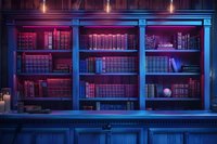 Vintage bookshelf illuminated with neon pink and blue lights creating atmospheric mood in dark library interior.