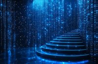 Glowing blue circular staircase with falling digital matrix code in dark space creates futuristic cyberpunk atmosphere for technology concepts.