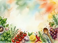 Fresh organic produce and herbs arranged on watercolor background with tomatoes, grapes, peppers, and leafy greens, ideal for food, nutrition, cooking, and healthy lifestyle design projects.