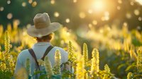 Farmer in straw hat observing blooming yellow wildflowers during golden sunset. Sunlit meadow with bokeh effect creates dreamy agricultural landscape.
