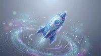 Digital rocket ship with glowing particles and circular tech elements on gradient background for startup and innovation concepts.