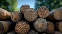 Stacked wooden logs showing natural growth rings and wood grain texture in warm brown tones against blurred green forest background, forestry industry concept.