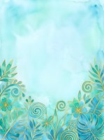 Watercolor turquoise background with ornamental foliage border featuring gold-outlined leaves and spirals, isolated on white space for design projects, invitations, and creative layouts.