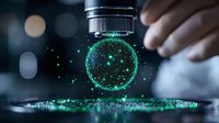 Glowing green virus particle under microscope lens with bokeh background, scientific research concept for medical and pharmaceutical studies.