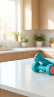 Pair of turquoise dumbbells with red accents resting on white kitchen counter, bright sunlit modern kitchen with potted plants and wooden cabinetry in background, fitness and wellness lifestyle.