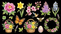Spring clipart set with flowers, butterfly, bee, bird, baskets, Easter egg and wreath, isolated on transparent background, ready for stickers, T-shirts, print on demand.