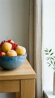 Ceramic bowl filled with fresh yellow apples and red currants on wooden table near window with neutral curtains and green plant foliage, suitable for home decor and lifestyle content.