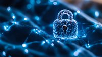 Digital padlock formed by glowing particles on dark background with network connections, representing cybersecurity and data protection in modern technology.