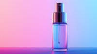 Minimalist glass spray bottle with metallic cap on gradient pink and blue background, modern cosmetic packaging design for beauty and skincare products.
