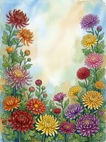 Watercolor chrysanthemum flowers frame with colorful blooms and green leaves on soft pastel background for autumn greeting cards and floral designs.