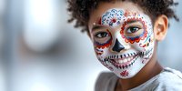 Young African American child with traditional Dia de los Muertos sugar skull face paint design featuring white base, red and blue floral patterns against blurred background.