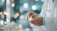 Medical professional in white coat holding medication or pill container against blurred bokeh background, representing healthcare, pharmacy, or medical treatment.