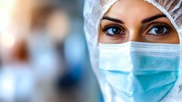 Female medical professional wearing protective surgical mask and cap looking directly at camera with intense blue eyes against blurred hospital background.