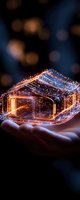 Glowing digital wireframe house floating above palm with sparkling light particles and bokeh effect on dark background, representing smart home technology.