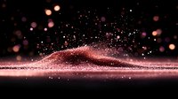 Glowing rose gold dust particles creating dynamic wave formation against dark background with floating bokeh lights and sparkling effect.