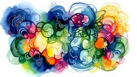 Vibrant watercolor abstract with swirling circles and organic shapes in rainbow colors creating dynamic flowing composition for creative projects.