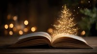 Open book with glowing Christmas tree emerging from pages, warm bokeh lights creating magical holiday reading atmosphere for seasonal storytelling concepts.