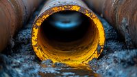 Rusty industrial drainage pipe with glowing yellow interior light creates mysterious tunnel effect against dark background, showing urban infrastructure decay.