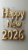 Golden foil balloon letters spelling Happy New 2026 with sparkle decorations on gray background, festive celebration typography for holiday greeting cards.