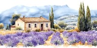 Rustic farmhouse surrounded by blooming lavender fields with cypress trees and misty mountains in background, ideal for travel, home decor, and countryside themes.