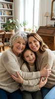 Three generation family portrait with grandmother, mother and daughter embracing in cozy living room with books and plants creating warm domestic atmosphere.