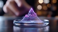 Holographic mountain peak rising from glass surface with purple and blue luminescent particles, suitable for technology, data visualization, and futuristic design projects.